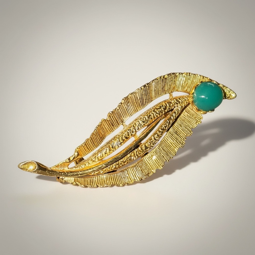 Vintage Gold Leaf Brooch Turquoise Cabochon Feather Pin Nature Jewelry